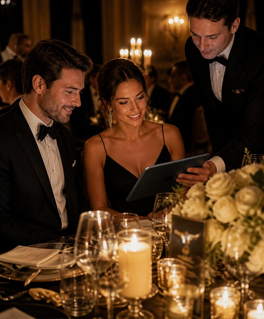 Black tie dining table set for a gala
