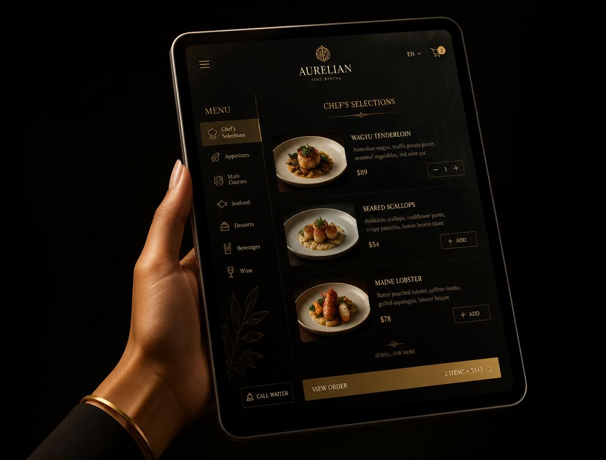 Guest ordering from a tablet at a luxury event table